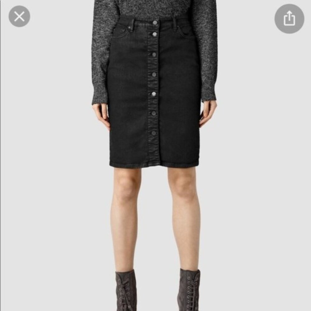 ALL SAINTS Jolie Waxed Button Black Denim Skirt